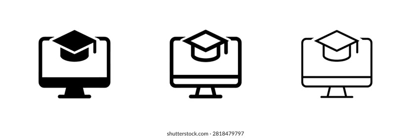 Online Education Icon Set Graduation Cap on Computer Monitor Symbols