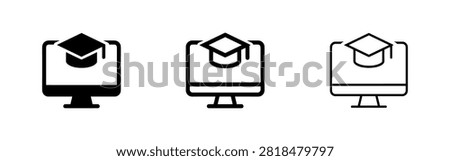 Online Education Icon Set Graduation Cap on Computer Monitor Symbols