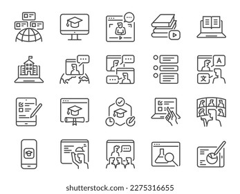 Online education icon set. It included icons such as class, learning, study, online school, webinar, and more.