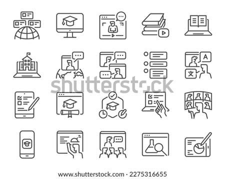 Online education icon set. It included icons such as class, learning, study, online school, webinar, and more.