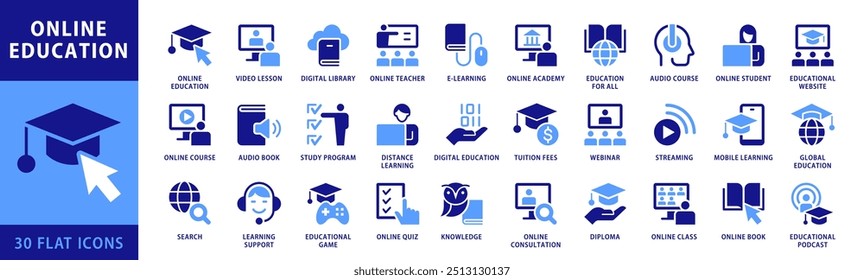 Online Education Icon set. Including Global Education, Audio Course, Tuition Fees, E-learning, Educational Website and Digital Education icons. Dual Color Flat Style Icons