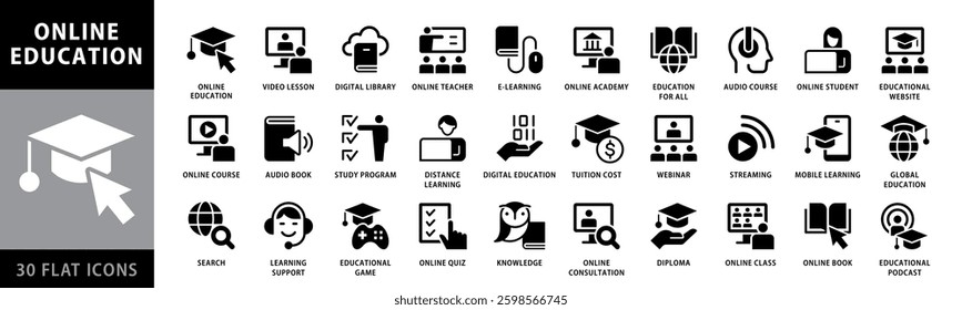 Online Education Icon set. Including Global Education, Audio Course, Tuition Fees, E-learning, Educational Website and Digital Education icons. Black and White Flat Style Icons
