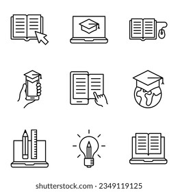 Online education icon set, internet studying course. E-learning, education, online school. Vector illustration.