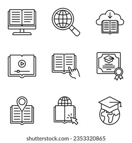 Online education icon set, internet studying course. E-learning, education, online school. Vector illustration.