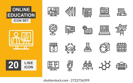 Conjunto de ícones de formação educacional online. Ícone de aprendizagem, estudo, laptop, e-learning, livro, global e mais linha.