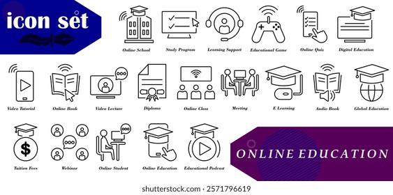 Online Education icon set. Modern and flexible style suitable for app design projects, websites, or educational promotional materials.