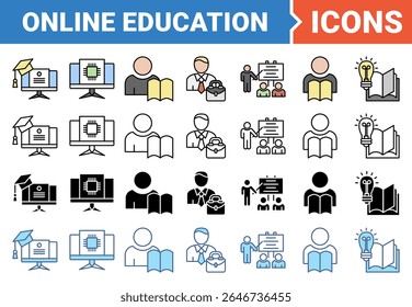 Online education icon set with multiple style collection.