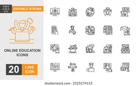 Online education icon set. Student, homework, learning, book and more line icon editable stroke.