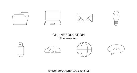 Online education icon set. Symbols of e-learning and knowledge. Vector line art illustration isolated on white background. For online education, e-learning resources, distant courses.