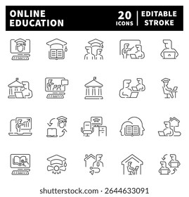 Conjunto de ícones de formação educacional online. Conjunto de ícones de linha fina relacionado a educação on-line e e-learning.