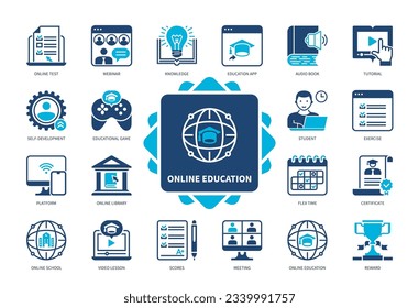 Online Education icon set. Tutorial, Video Lessons, Online School, Development, Webinar, Online Library, Certificate, Scores. Duotone color solid icons