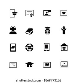 Online education icon set vector illustration. Bachelor hat and laptop, webinar, global education, home schooling, certificate, student, e-book, e-learning, mobile learning.