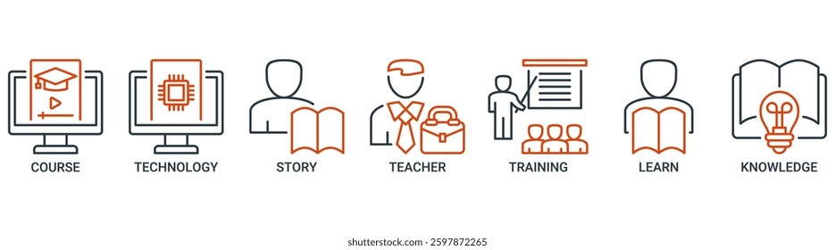 Online education icon set. Vector illustration concept with icon of course, technology, study, teacher, training, learn and knowledge icons. Outline vector symbol background.