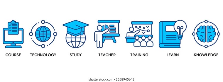 Concepto de Ilustración vectorial de conjunto de iconos de educación en línea relacionado con el curso, la tecnología, el estudio, el profesor, la formación, el aprendizaje y el conocimiento