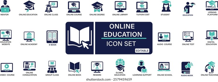 Online education icon set video tuition, e-learning, online course, audio course, educational website digital education You can easily change the color