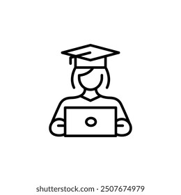 Online education icon. A sleek depiction of a laptop with a graduation cap on the screen, encapsulating the concept of e-learning, distance education, and virtual classrooms. Vector illustration