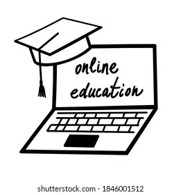 Online education icon. Square academic cap with Laptop. Distant study. Icon can be used for web and mobile on white background