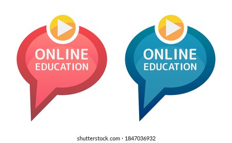Online education icon. Vector red and blue icons of internet class isolated on a white background. Online teaching, distance education, distance learning, e-learning. Speech bubble with a play icon.