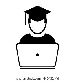 Online education icon vector student with laptop computer male user person profile avatar symbol with mortar board for school, college and university education in flat glyph pictogram illustration