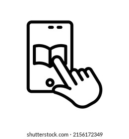 Vector de icono de educación en línea. Aprendizaje virtual, teléfono móvil, mano táctil, botón. Estilo de icono de línea. Ilustración de diseño simple editable