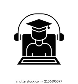 Online education icon vector. Virtual education, students, laptops, headsets. Solid icon style, glyph. Simple design illustration editable
