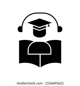 Online education icon vector. Virtual learning, student, book, headset. Solid icon style, glyph. Simple design illustration editable