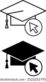 Online Education Icons. Black and White Vector Icons. Graduation Cap. Distance Learning, Online School, Video Lesson, E-Learning
