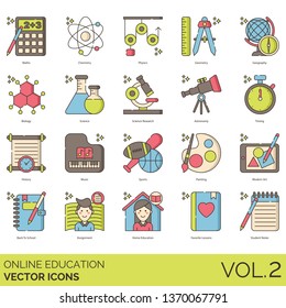 Online education icons including maths, chemistry, physics, geometry, geography, biology, science, research, astronomy, timing, history, music, sports, painting, modern art, back to school, assignment