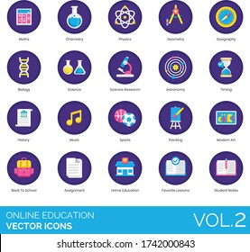 Online education icons including maths, chemistry, physics, geometry, geography, biology, science, research, astronomy, timing, history, music, sports, painting, modern art, back to school, assignment