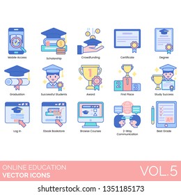 Online Education Icons Including Mobile Access, Scholarship, Crowdfunding, Certificate, Degree, Graduation, Successful Students, Award, First Place, Study Success, Log In, Ebook Bookstore, Course.