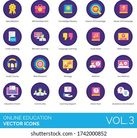 Online education icons including specialization, skill development, knowledge mastery, search, power, code learning, blended, language, audio book, video lesson, course, web research, strategy, forum.