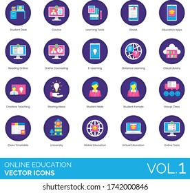 Online education icons including student desk, course, learning tools, ebook, app, reading, counseling, e-learning, distance, cloud library, creative teaching, sharing ideas, male, female, group class