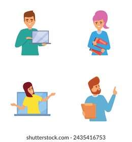 Online education icons set cartoon vector. People during educational process. Innovative online learning