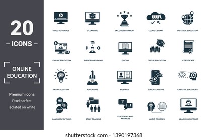 Online Education icons set collection. Includes simple elements such as Video Tutorials, E-Learning, Skill Development, Cloud Library, Distance Education, Adventure and Webinar premium icons.