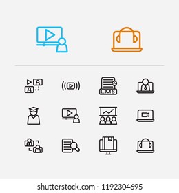 Online education icons set. Development training and online education icons with video call, content e-material and student with teacher. Set of database for web app logo UI design.
