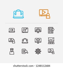 Online education icons set. Development training and online education icons with headphone laptop, video webinar and video call. Set of professional for web app logo UI design.