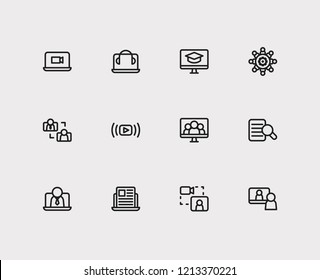 Online education icons set. Education e-learning and online education icons with headphone laptop, business e-learning and video interview. Set of man for web app logo UI design.