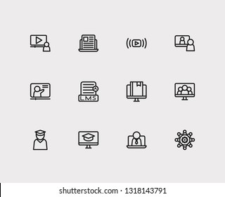 Online education icons set. Education e-learning and online education icons with webinar online, video interview and workshop. Set of database for web app logo UI design.