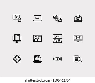 Online education icons set. Education e-learning and online education icons with business e-learning, video call and content e-material. Set of mobile for web app logo UI design.