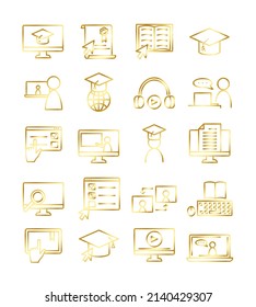 Online education icons set. Flat pictograms for web. Line stroke. Isolated on white background. Vector eps10. Online seminar, training.