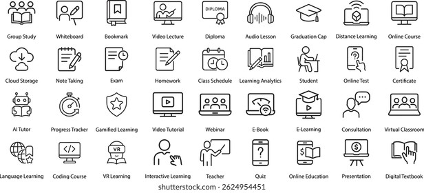 Online Education Icons Set, Outline Style, Vector Illustration.