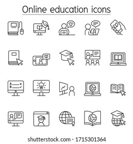 Online education icons set in thin line style