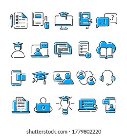 Online Education icons set in trendy flat outline style isolated on white background. Distance learning elements for your design. Vector illustration.