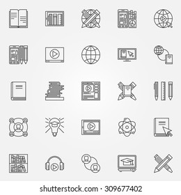 Online education icons set - vector collection of thin line symbols of internet education and video tutorials