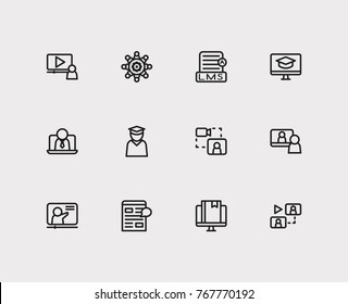 Online Education Icons Set With Video Webinar, Learning Management System And Education Student Elements. Set Of Online Education Icons Also Including Video Blog Sign For Your Web App Logo UI Design.