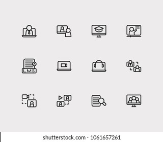 Online education icons set. Webinar online and online education icons with video interview, research and online course. Set of recourse for web app logo UI design.