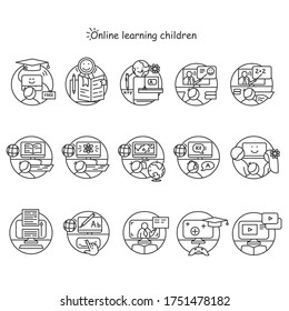 Online education icons set.Online education and e-learning concept. Web school, business training courses, distance teaching and home learning.Thin line vector illustration.Editable stroke