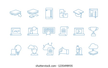 Online education icons. Training study courses college special school with web computer distance tutorials vector linear symbols