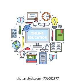 Online education icons vector set isolated. Web teaching collection. Site education sign. Computer books, diploma certificate calculator globe. Line style