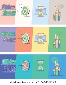 Online-Bildungs-Icon-visuelle Set, Lernen, Üben, Test, Erhobene Fragen. eps10 